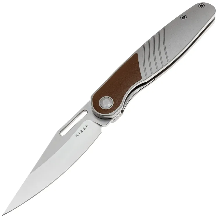 Нож Kizer Raze stonewash сталь S45VN рукоять Leather/Gray Titanium