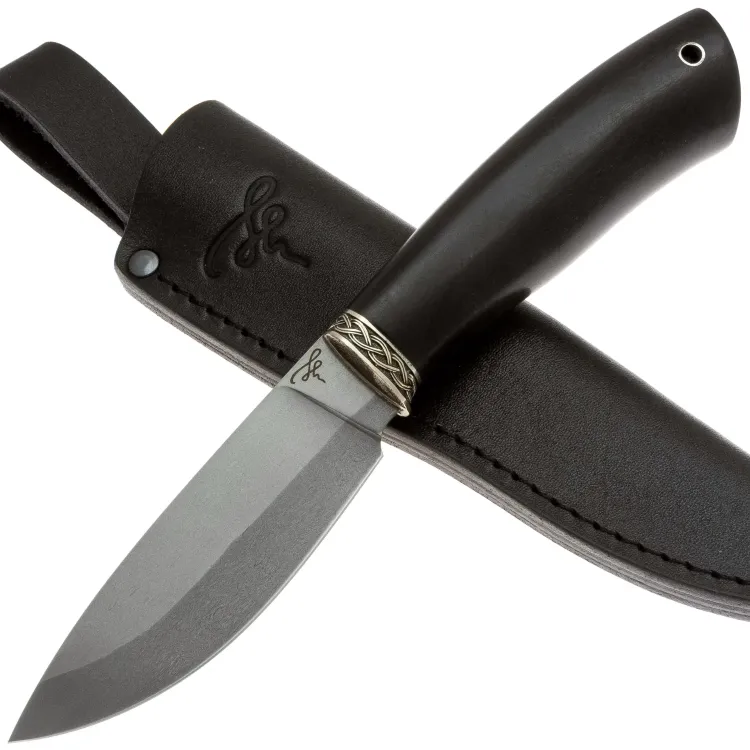 Нож 009 Спуски от обуха сталь легированный булат рукоять мельхиор/черный граб (Пампуха И.Ю.)