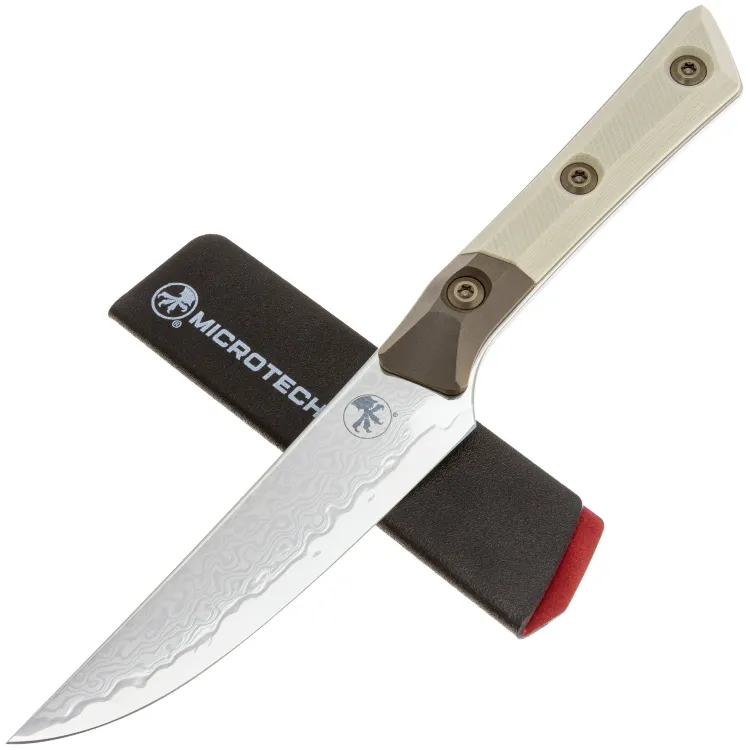Нож кухонный Microtech 4.5" Steak Knife сталь San Mai M390 Damascus рукоять Bronze Ti/Ivory G10