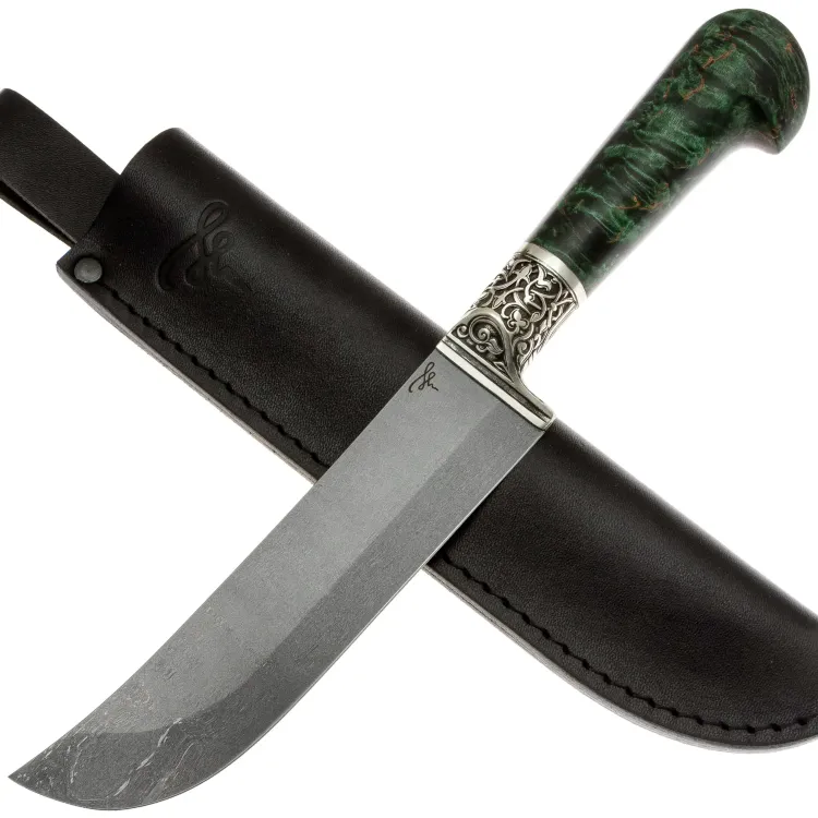 Нож 010 Пчак Б сталь легированный булат рукоять мельхиор/ст.карельская береза зелёная (Пампуха И.Ю.)