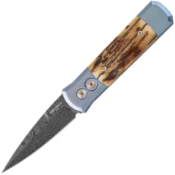 Нож Pro-Tech 2025 Godson Custom 004 сталь Damascus рукоять Fossil Mastodon Bark/Blue Titanium
