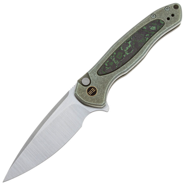 Нож WE Knife Button Lock Kitefin satin сталь CPM-20CV рукоять Green Ti/Jungle Wear FatCarbon