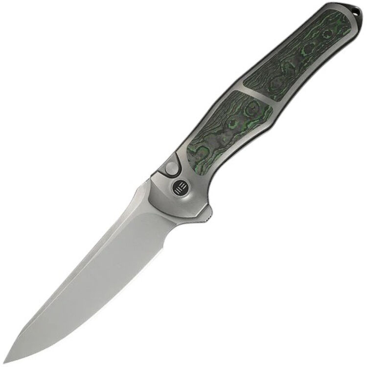 Нож WE Knife 702XI stonewash сталь M390 рукоять Gray Titanium/Jungle Wear FatCarbon (WE07B-4)